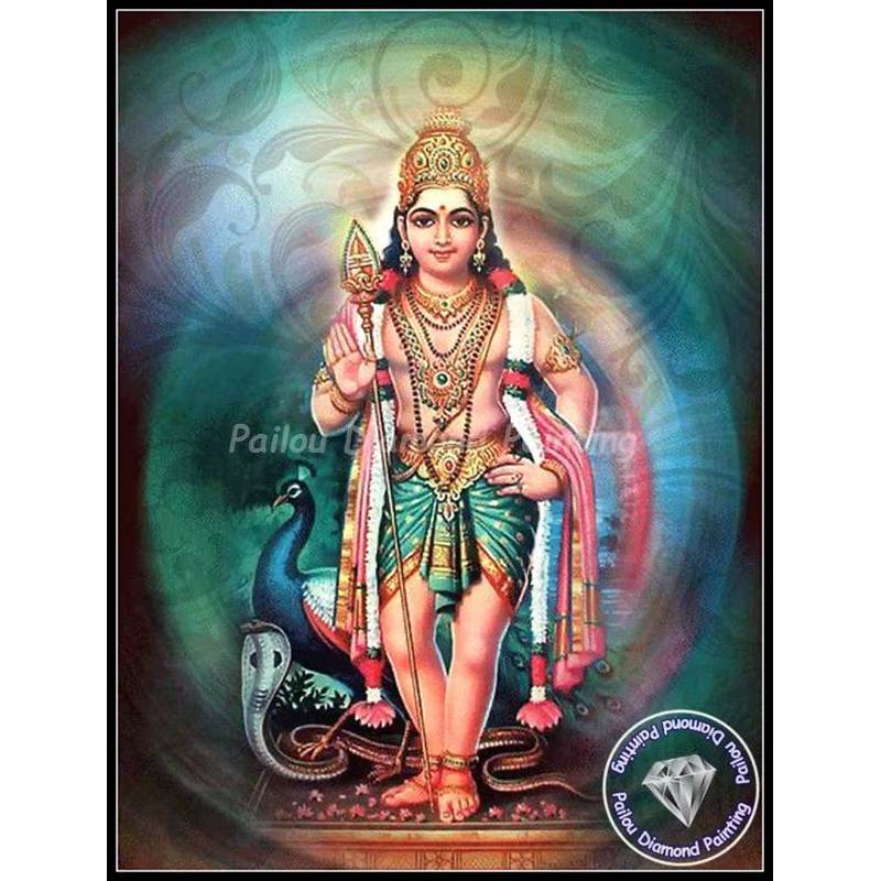 Tranh Canvas Chúa Murugan Hindu - Katharagama, Gia đình thần Shiva của Ấn Độ giáo, Trang trí nhà cửa tôn giáo (Thích hợp cho phòng khách và các kịch bản khác)