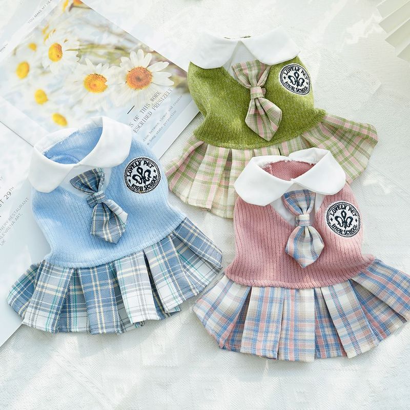 Thú Cưng Thu Đông Len jk Kẻ Sọc Đầm Nhỏ Vừa Chó Teddy Bichon Corgi Chó Mèo Quần Áo Tiếp Liệu