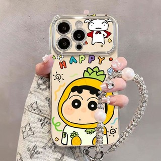 Vỏ + Dây chuyền hoạt hình dễ thương Crayon Shin-chan cho IPhone 16 11 15 14 13 12 Pro Max X Xr Xs Max 6 6s 7 8 Plus SE 2020 Vỏ điện thoại bảo vệ ống kính chống sốc mềm Vỏ đen