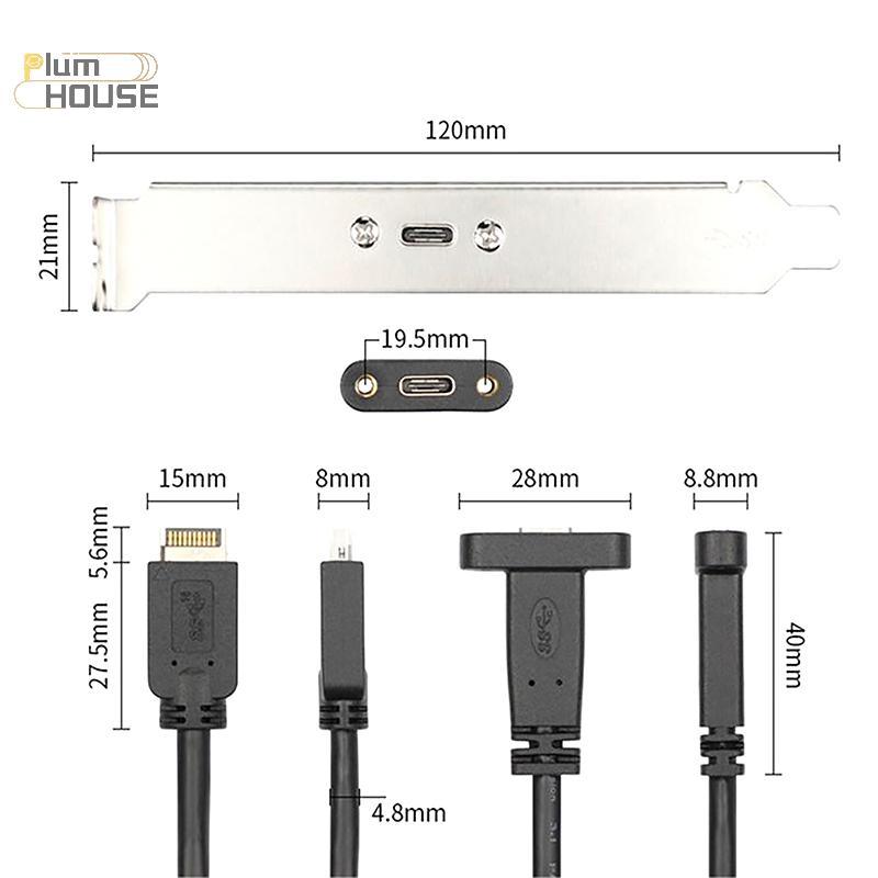 PlumHOUSE 50cm USB 3.2 Bảng Điều Khiển Trước Đầu Type-E Sang USB-C Loại C Nữ Kết Nối Dây Nối Dài Cáp TYPE-E Cáp Vách Ngăn VN