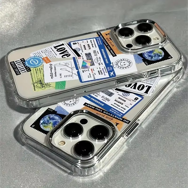 Nhãn vé máy bay Khung ống kính mạ điện Vỏ điện thoại trong suốt cho iPhone 17 Pro Max XS X XR 16 15 14 13 12 11 7 8 Plus 17 Vỏ chống sốc không khí