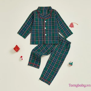 Bộ đồ ngủ kẻ sọc Giáng sinh cho trẻ em Bộ đồ ngủ dài tay có ve áo Áo sơ mi + Quần Loungewear