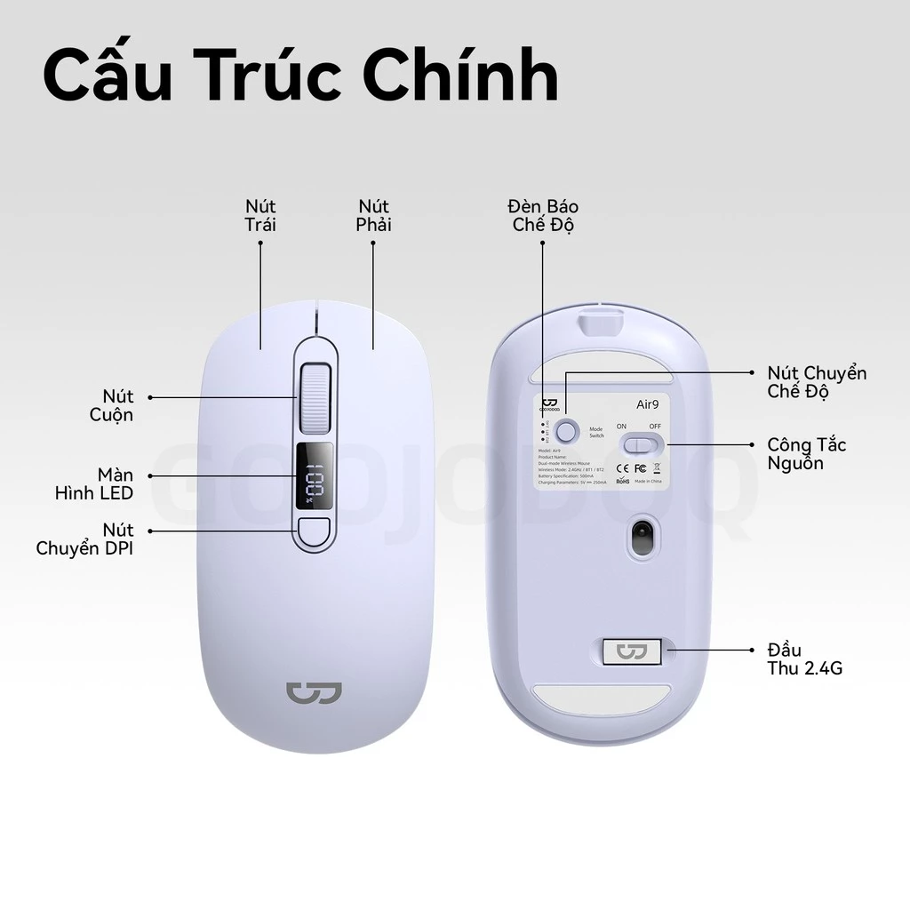 Chuột không dây GOOJODOQ DPI chính xác 4 cấp, Màn hình kỹ thuật số im lặng, Có thể sạc lại, Kết nối hai chế độ