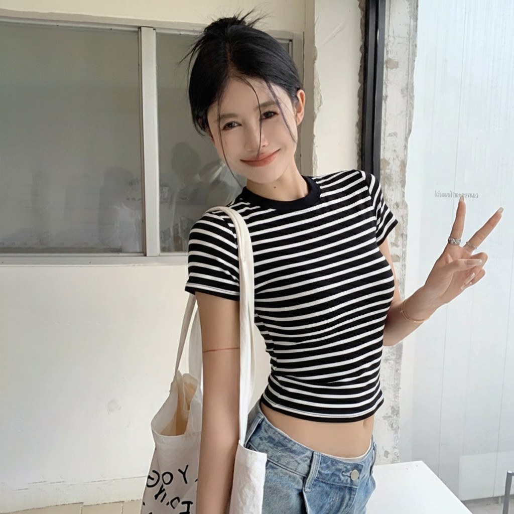 Áo Thun Nữ BABEE Tay Ngắn Cổ Tròn Baby Tee Kẻ Sọc Ngang Ôm Body Dễ Thương Chất Thun Co Dãn Thoải Mái