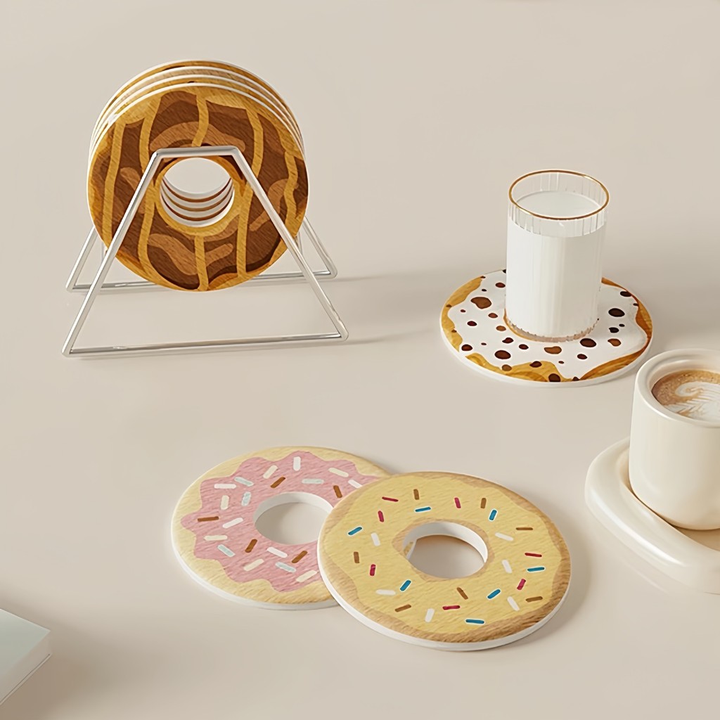 Lót Ly Hình Donut Dễ Thương | Đế Cốc Diatomite Cứng Hút Nước & Cách Nhiệt | Trang Trí Bàn Làm Việc & Phòng Khách