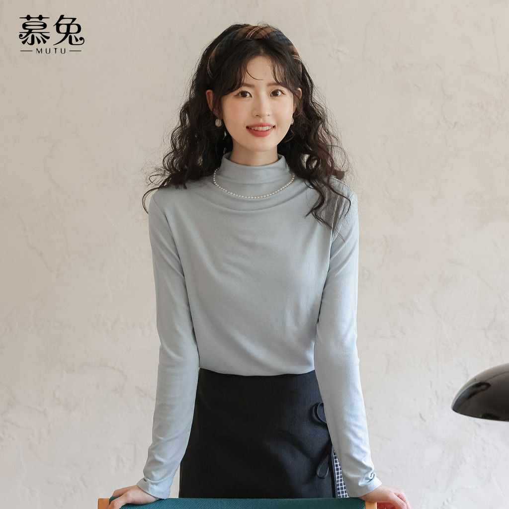 Mutu Màu Trơn Nửa Cổ Cao Dài Tay Áo Thun Nữ Mùa Xuân 2026 Phong Cách Mới Thời Trang Bên Trong Slim-fit Ôm Hơn Nhìn Đáy