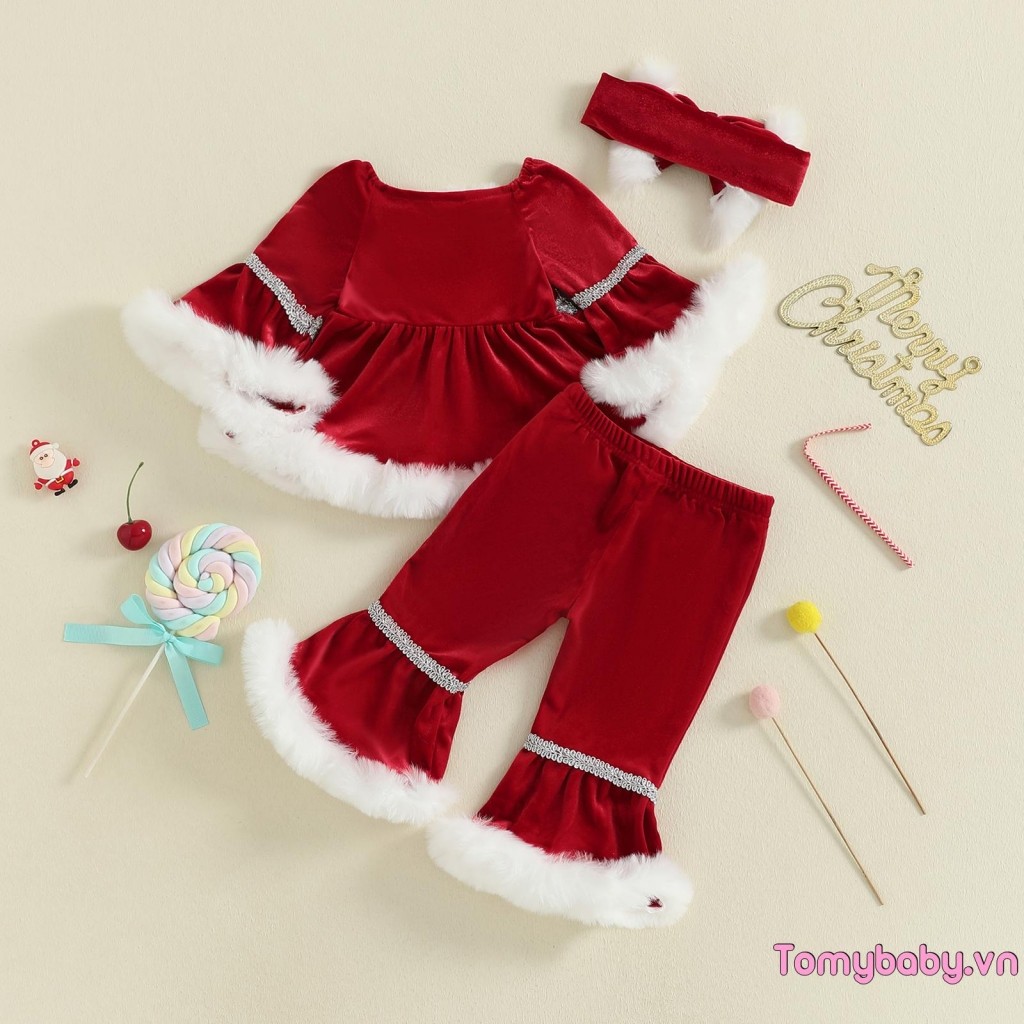 Trẻ mới biết đi Trang phục ông già Noel Giáng sinh sang trọng Áo dài tay chắp vá + Quần loe lưng co giãn + Bộ băng đô