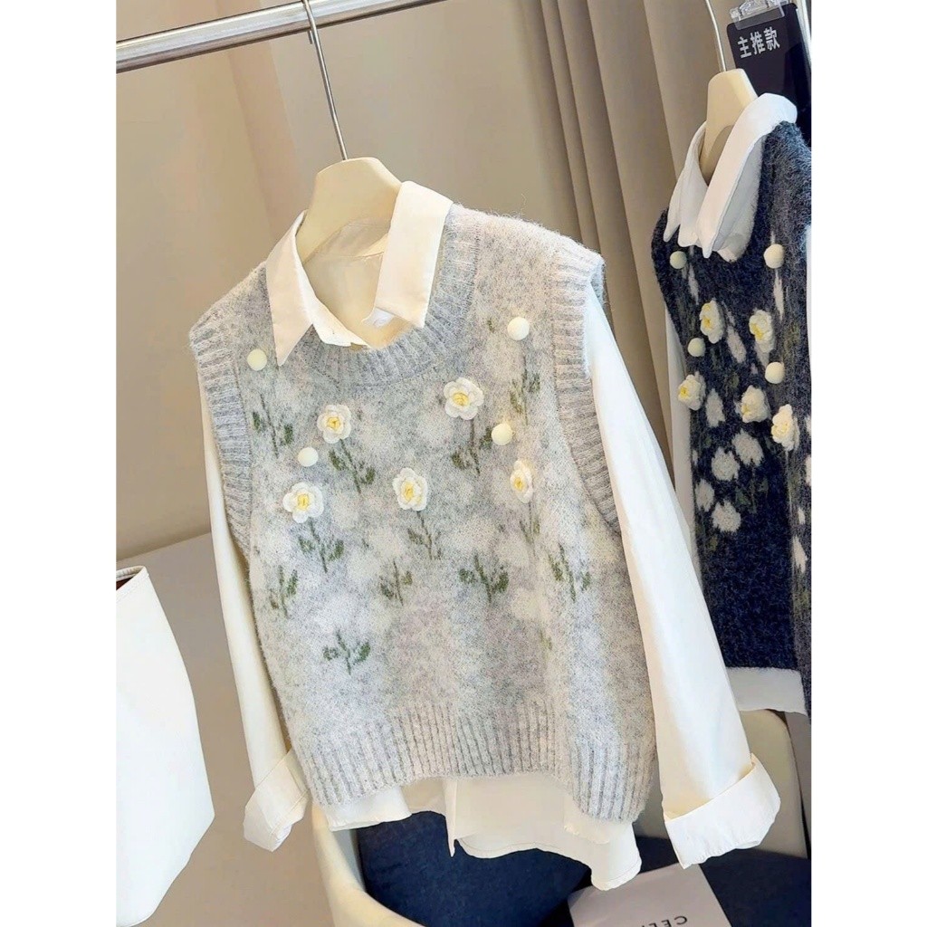 (HÀNG QC LOẠI 1) Áo gile len phối họa tiết hoa nổi độc đáo phong cách thời trang thu đông ximimi SP395