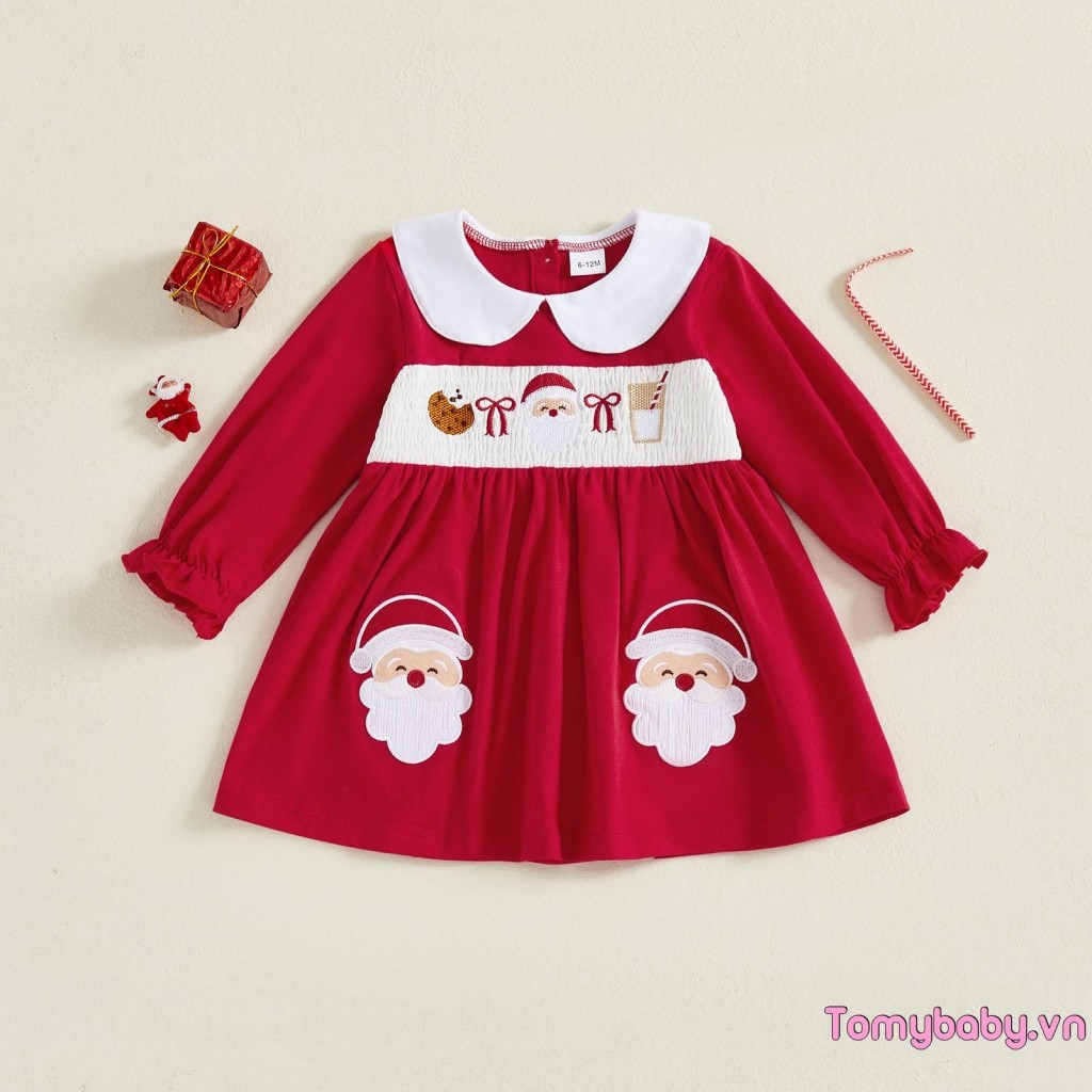 Trẻ Em Bé Gái Váy Giáng Sinh Tay Dài Cổ Búp Bê Thêu Ông Già Noel Mùa Thu Váy