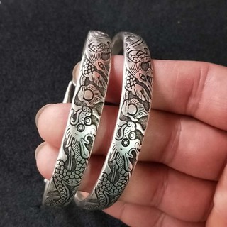 Vòng tay bạc vintage phong cách dân tộc, may mắn và trường thọ - Sản phẩm thủ công
