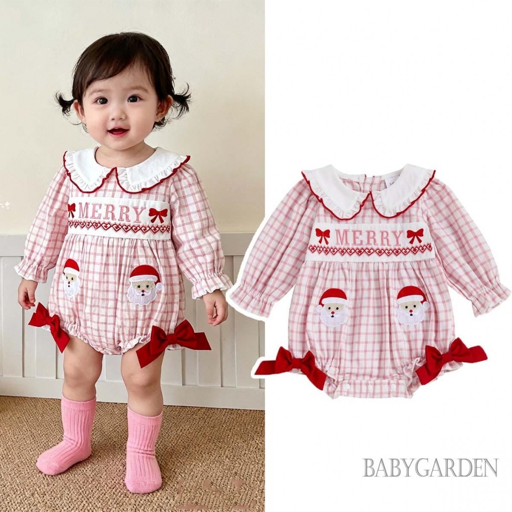 Bé Gái Giáng Sinh Body Dài Tay Cổ Búp Bê Ông Già Noel Thêu Bong Bóng Romper