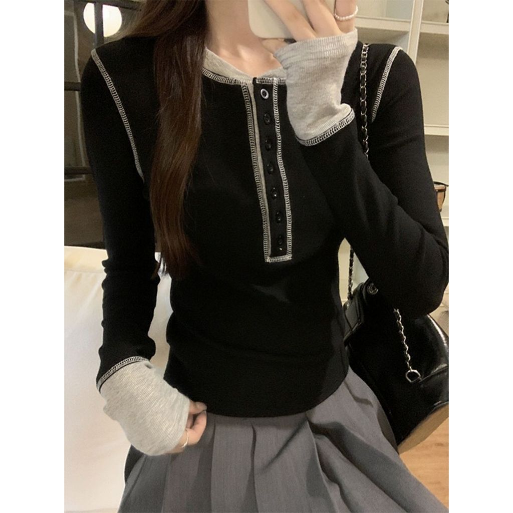 Áo thun nữ dài tay cổ chữ V, style Hàn Quốc thời thượng mùa thu
