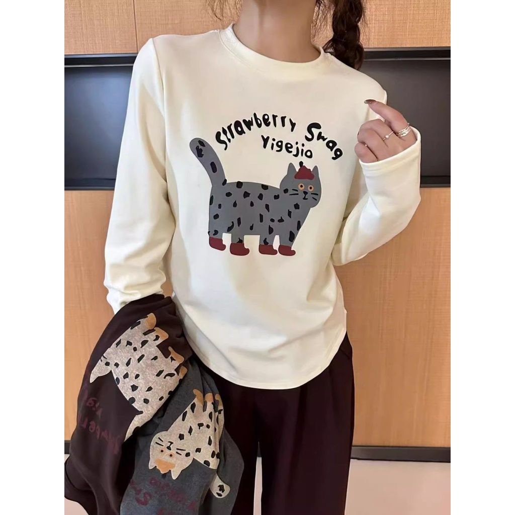 Milyfashion Chải Bên Trong Dài Tay Mèo In Hình Thu Đông Bên Trong Dày Đức Nhung Đáy Top