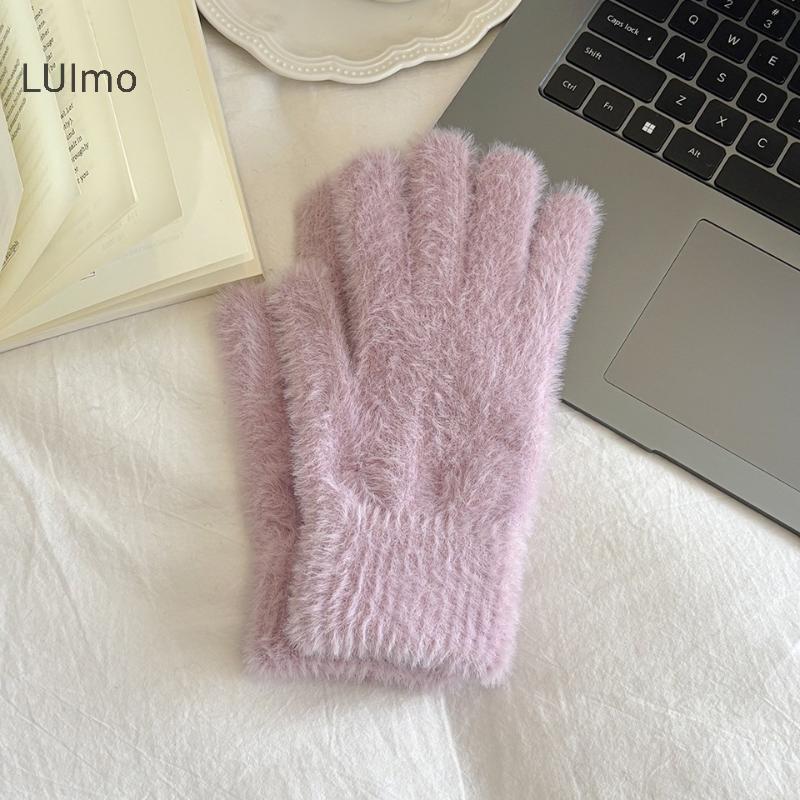 LUImo Giả Chồn Găng Tay Dệt Kim Mùa Đông Ấm Áp Dày Nhung Năm Ngón Găng Tay Nữ Ngoài Trời Đi Xe Đạp Màu Trơn Găng Tay SBS