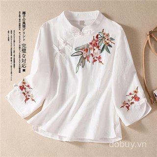Áo sơ mi cổ đứng phong cách dân tộc Trung Quốc cổ điển, thêu tay, chất liệu vải lanh cotton