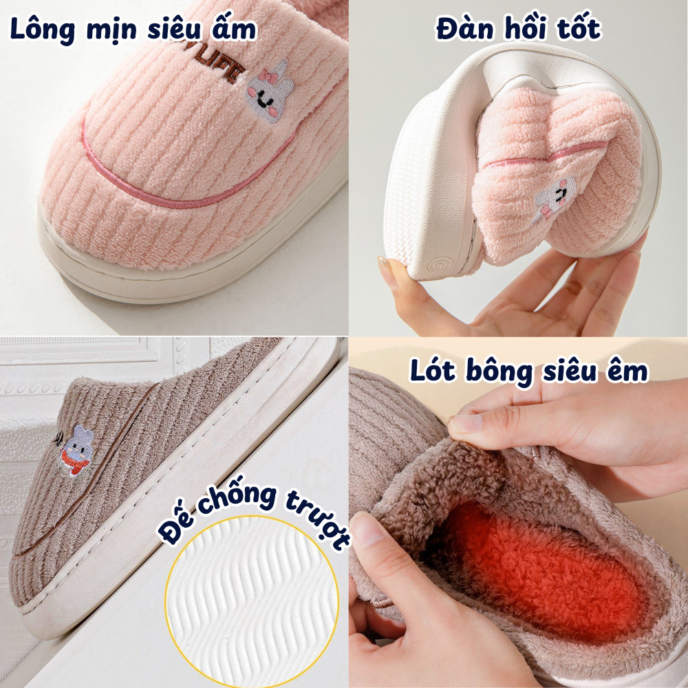 Dép Bông Lông Gấu Đi Trong Nhà DINO Họa Tiết Dễ Thương Đế Chống Trượt, Mang Êm Chân Dành Cho Gia Đình, Cặp Đôi