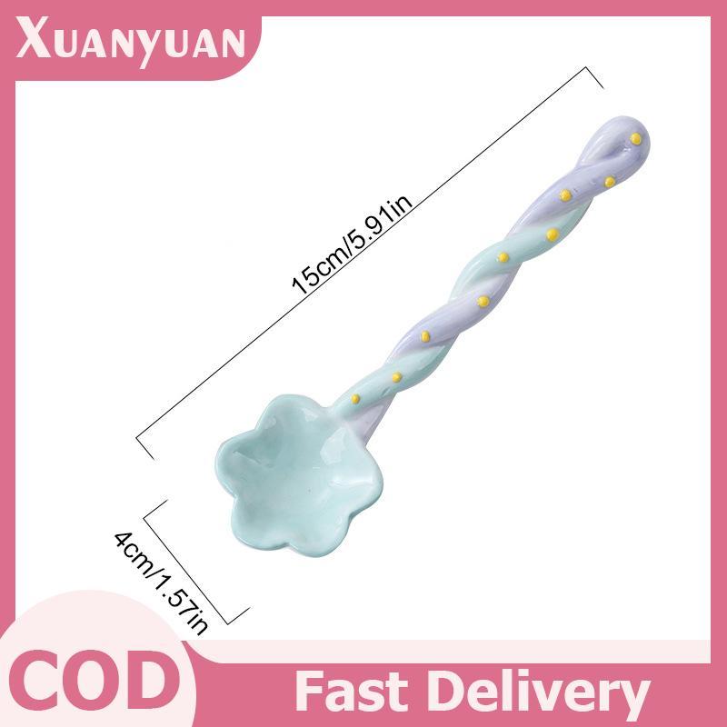 XUAN 1 Gốm Tay Cầm Dài Thìa Dễ Thương Kem Vẽ Tay Món Tráng Miệng Thìa Tay Cầm Dài Bộ Đồ Ăn Nhà Bếp Phụ Kiện VN