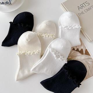 Misa Cotton Ruffles Mắt Cá Chân Tất Nữ INS Mùa Hè Dễ Thương Hàn Quốc Tất Bé Gái Mùa Xuân Đen Trắng Giữa Ống Nhật Bản Sox