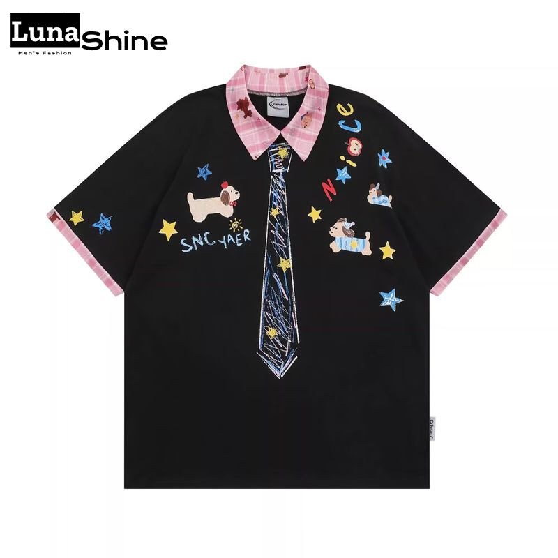 Áo sơ mi Polo nam nữ retro Mỹ chất lượng cao, họa tiết hoa giả và graffiti