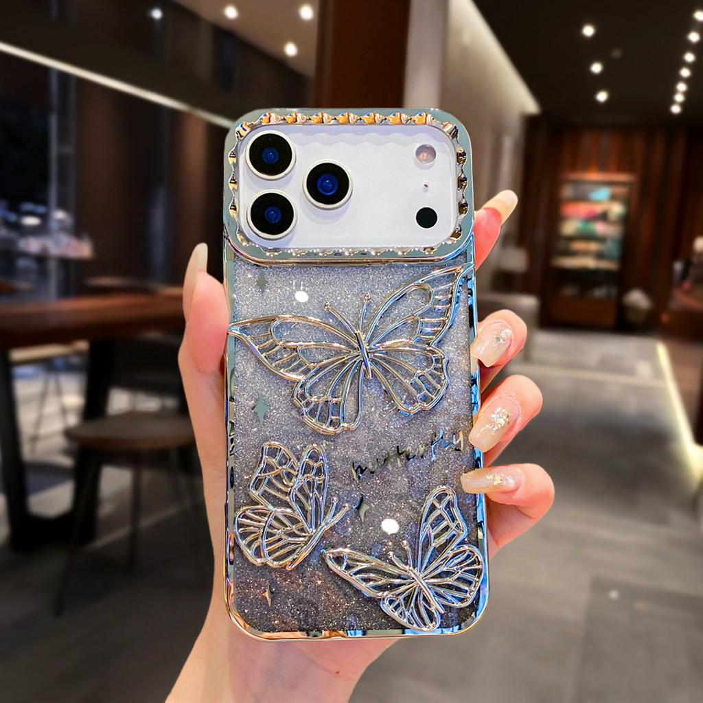 Ốp Điện Thoại Mạ Bướm Lấp Lánh Cho iPhone 17 Pro Max 16 13 14 15 Pro Max Air 16 plus Ống Kính Bảo Vệ Camera Vỏ Chống Sốc TPU Vỏ Mềm Vỏ Bảo Vệ Điện Thoại