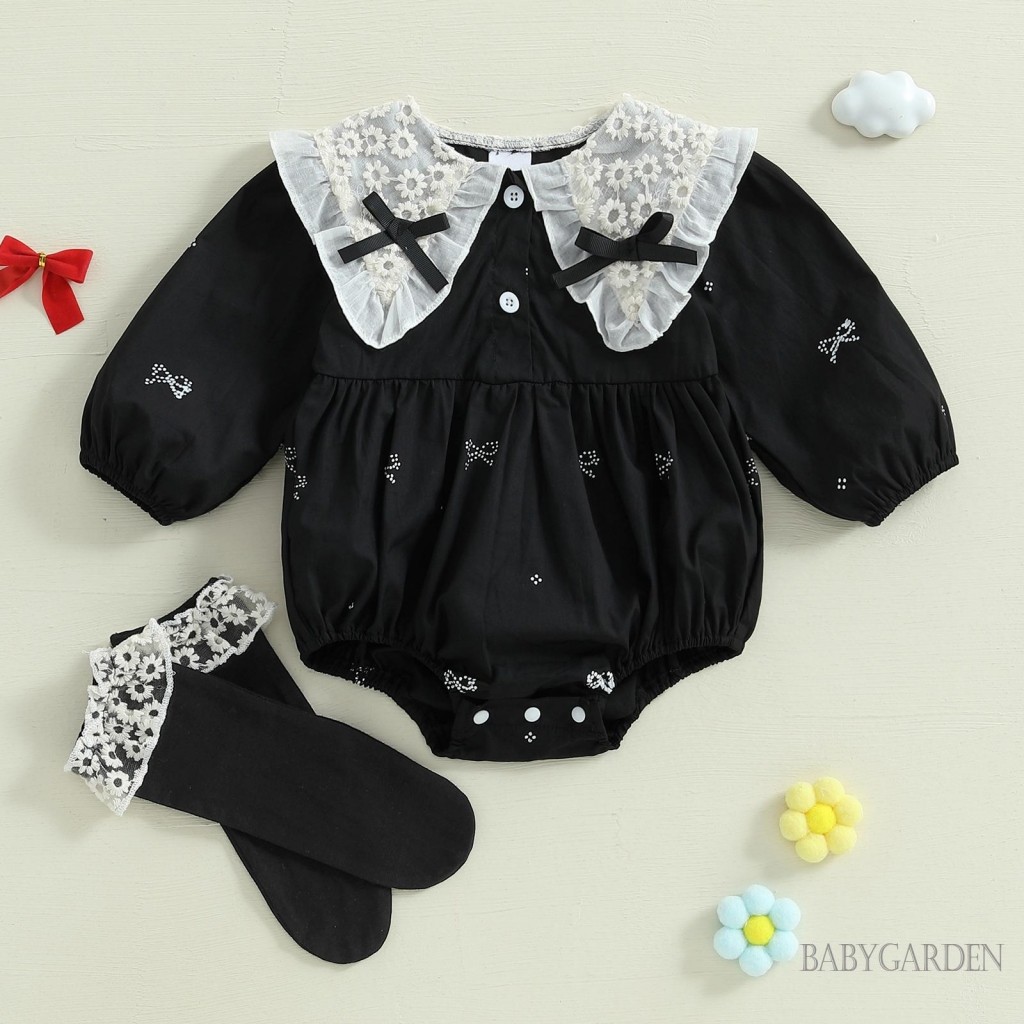 Áo liền quần dài tay cổ búp bê in nơ có tất màu đen