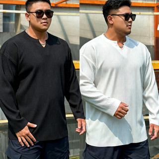 Áo thun nam công sở cổ chữ V, xếp ly sọc, tay dài, thiết kế oversized phù hợp người plus size