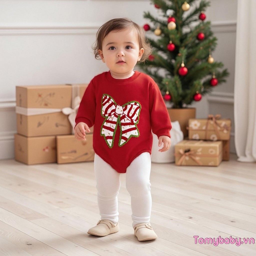Bé Gái Giáng Sinh Áo Liền Quần Nơ Thêu Tay Dài Cổ Tròn Bong Bóng Jumpsuit