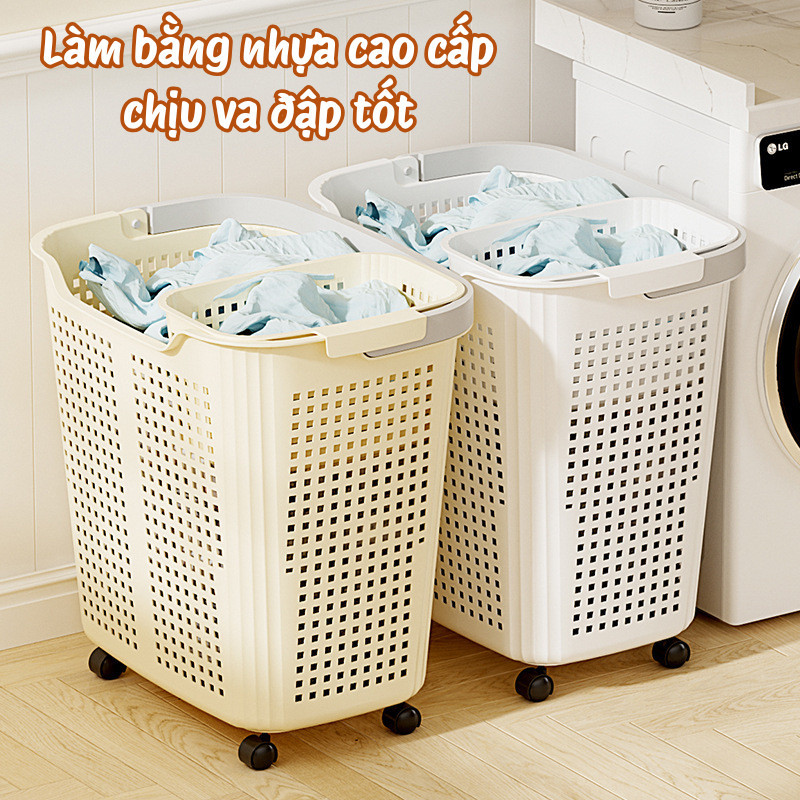 Giỏ đựng quần áo bẩn có bánh xe xoay 360 độ DINO, Giỏ nhựa đựng đồ cỡ lớn thoáng khí có tay cầm tiện lợi