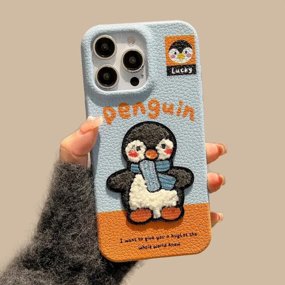 Ốp Điện Thoại Da Chó Gấu Chim Cánh Cụt Thêu 3D Cho iPhone 17 Pro Max 17 Air 16 Plus 15 14 13 12 11 Vỏ Bảo Vệ Chống Sốc