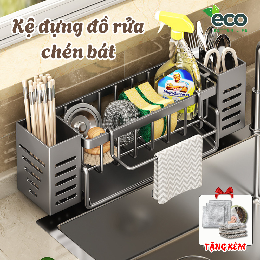 Kệ Để Đồ Rửa Chén Bát Đa Năng Kèm Ống Cắm Đũa Chất Liệu Inox Chống Gỉ, Có Khay Thoát Nước Tiện Lợi