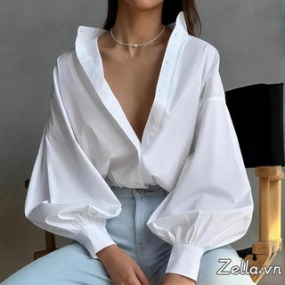 Áo sơ mi rời nút xuống tay dài, thiết kế đèn lồng màu trơn, phù hợp mùa thu