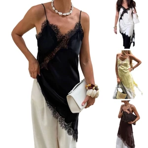 Đầm bất đối xứng đáy với ren tinh tế, làm từ polyester mềm và spandex, thoải mái cho hàng ngày