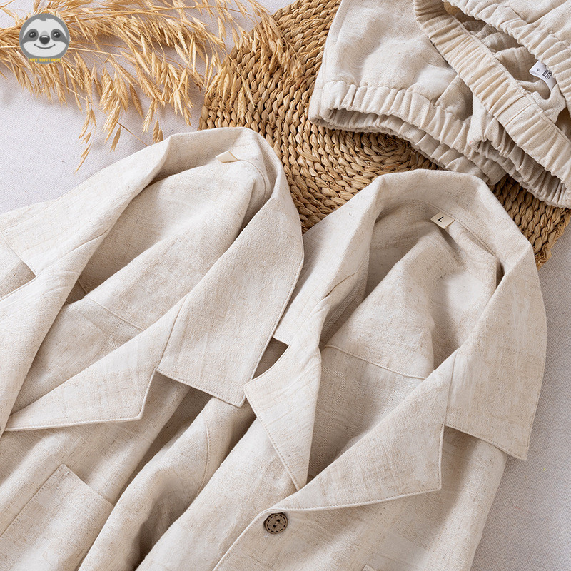 Phong cách Nhật Bản Phong cách Muji / Phong cách cặp đôi Vải lanh cotton màu trơn Bộ đồ ngủ dài tay / Nam nữ Bộ đồ mặc nhà đơn giản / Thường ngày có thể mặc bên ngoài Áo dài tay / Hơi thở vải lanh cotton chất lượng cao