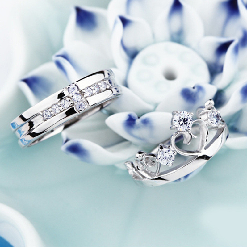 Nhẫn bạc S925 vương miện chữ thập đôi, zircon kẻ sọc điều chỉnh được, quà tặng cưới độc đáo