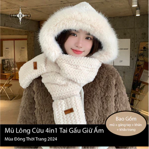 Mũ Lông Cừu 4in1 Nữ Len Tai Gấu Giữ Ấm Mùa Đông Nón Len Tai Mèo Kèm Khăn Quàng Cổ Đẹp Găng Ta