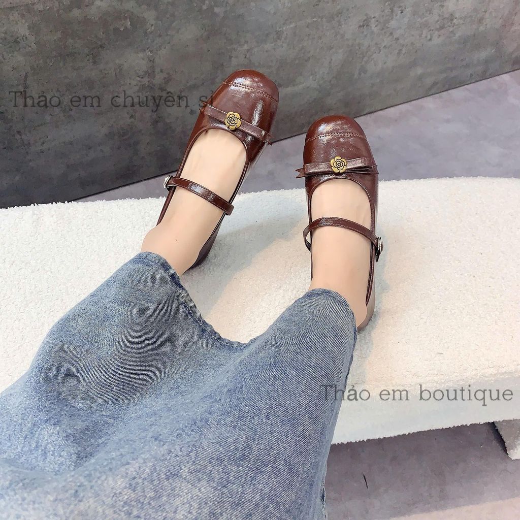 [Thảo Em - BBH45 ] Giày búp bê nữ đế bệt da mềm phối quai nơ hoa trà ngang basic [ Sẵn Hàng ]