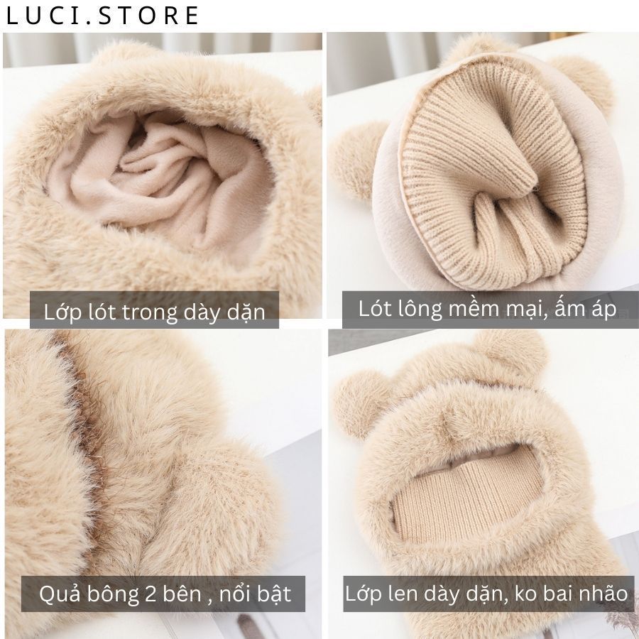 Mũ len trẻ em nam nữ trùm đầu, mũ len mùa đông kèm khăn quàng cổ lót nỉ giữ ấm chống lạnh