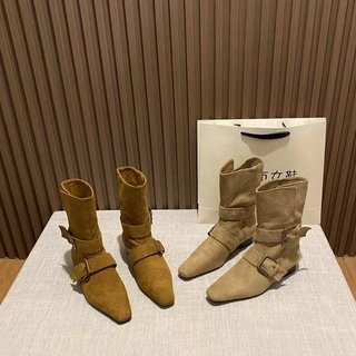 Giày Bốt Ngắn Nữ Mũi Vuông Dày Gót Slip-On Khóa Hai Tay Khóa Thắt Lưng 35-42