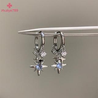 < zhuliye789 > Bông tai mặt dây chuyền hình ngôi sao tám cánh màu xanh Zircon dành cho nữ Màu bạc Ngôi sao sel Khóa tai Y2K Món quà trang sức