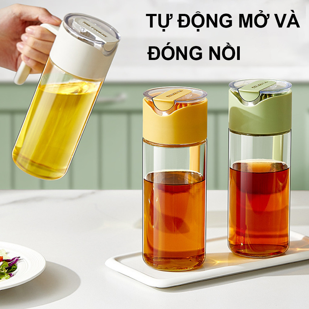 Chai đựng dầu ăn thủy tinh thông minh cao cấp nắp tự đóng mở, bình đựng dầu ăn thủy tinh có đế silicon chống trượt