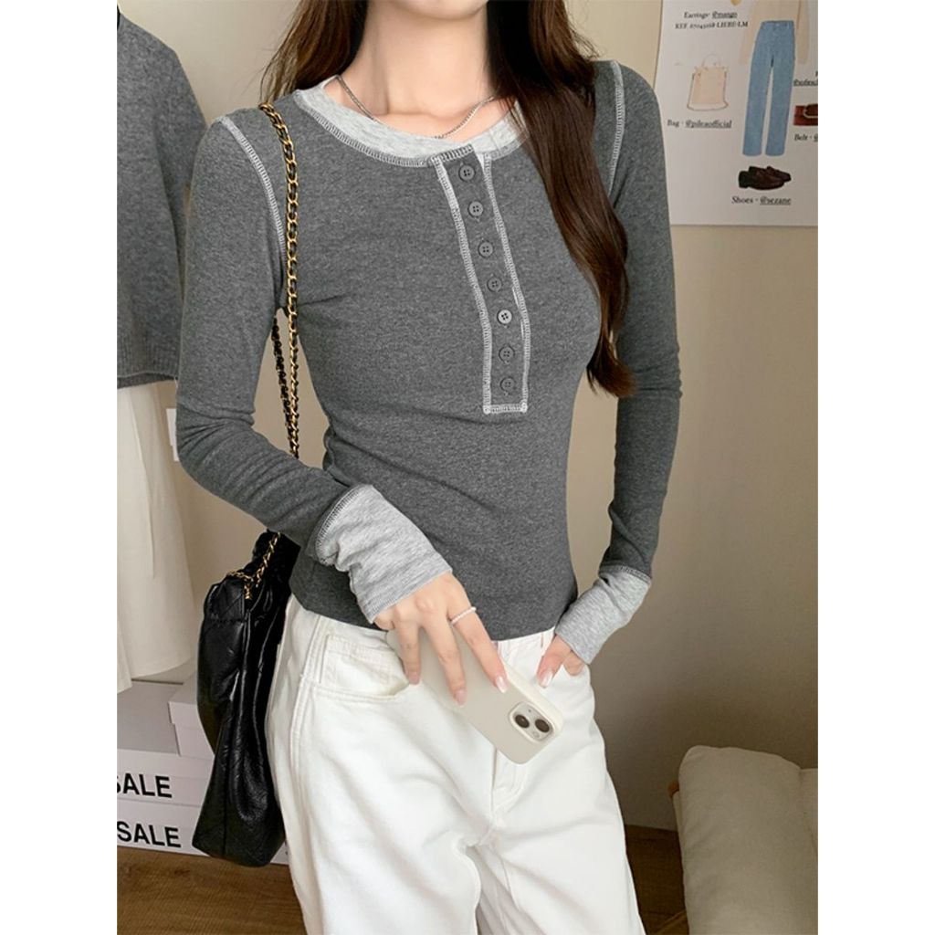 Áo thun nữ dài tay cổ chữ V, style Hàn Quốc thời thượng mùa thu
