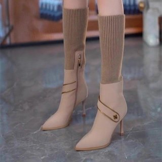 Nữ Mũi Nhọn Cao Gót Dệt Kim Co Giãn Thời Trang