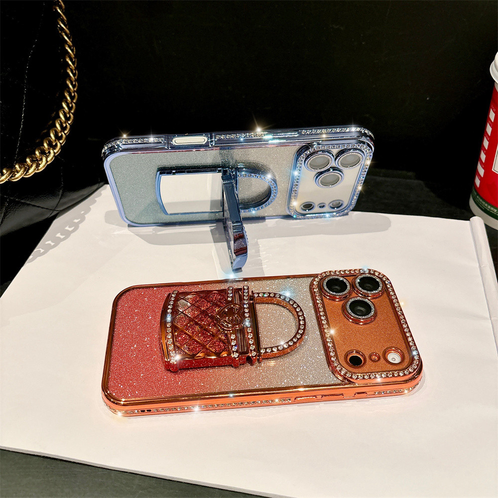 Thời Trang Gương Lấp Lánh Giá Đỡ Ốp Lưng Điện Thoại iPhone 17 Pro Max 16 11 12 13 14 15 Pro Max Air 15 16 plus Ống Kính Bảo Vệ Camera Vỏ Chống Sốc TPU Vỏ Mềm Điện Thoại