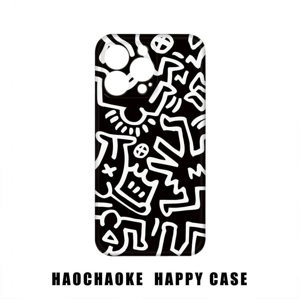 Ốp Điện Thoại Graffiti QYJS Đen Trắng Thích Hợp Cho IPhone 16 15 14 13 ProMax 17 AIR X XS XR XSMAX 11 12 PRO 7 8 plus 15 16 PLUS Phim Hoạt Hình Sáng Tạo U9Y5