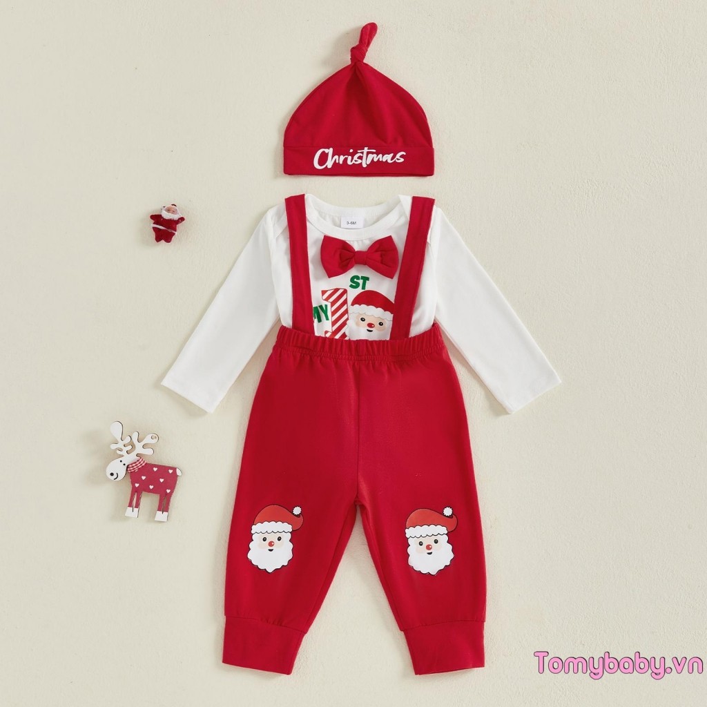Bộ áo liền quần cổ tròn dài tay chữ Giáng sinh + Quần tổng thể lưng co giãn có mũ trang phục
