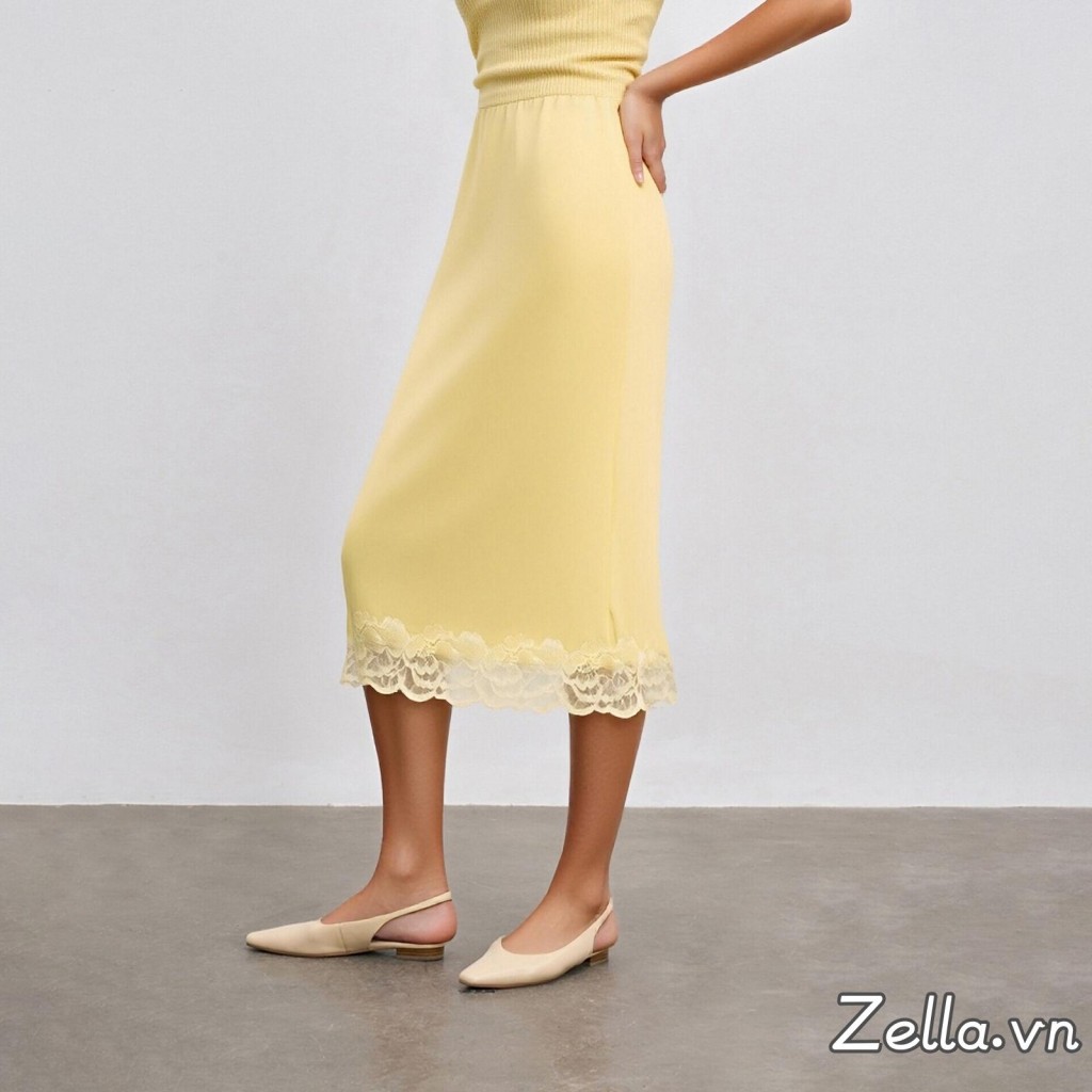 Váy midi satin nữ thanh lịch màu trơn với viền ren ôm body