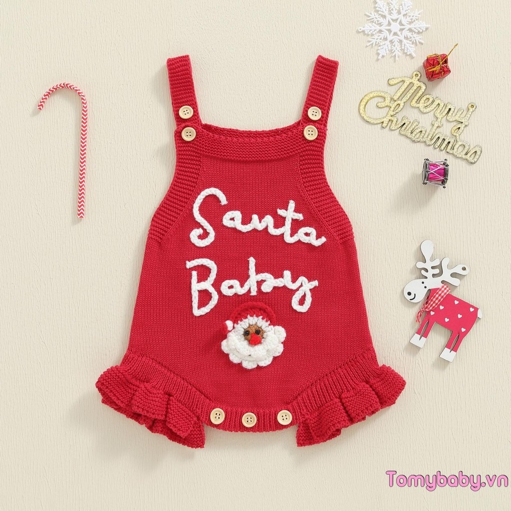 Bé Gái Áo Liền Quần Giáng Sinh Dễ Thương Ông Già Noel Thêu Không Tay Mùa Thu Dệt Kim Jumpsuit