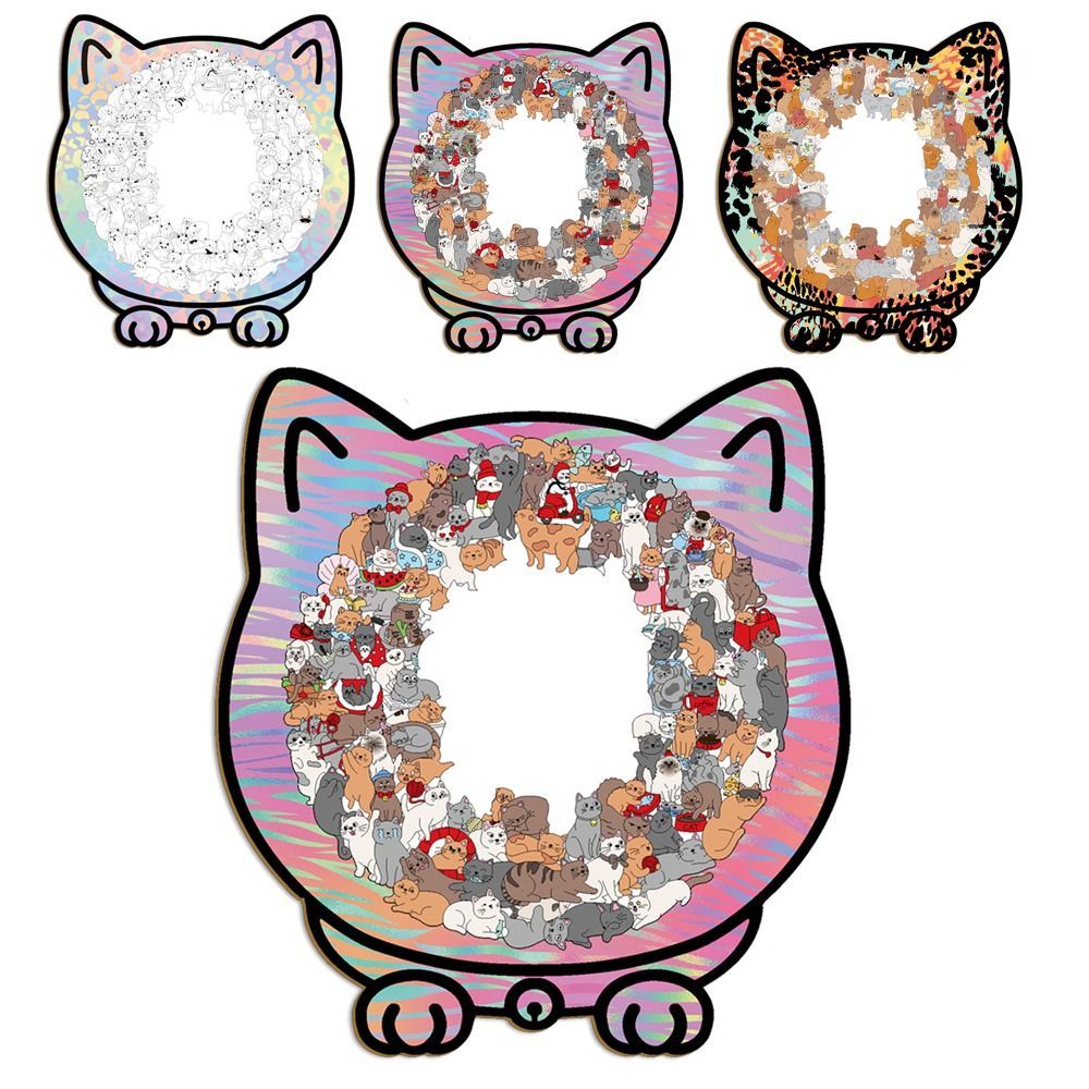 Câu đố ghép hình gỗ tự nhiên 135 mảnh, khung silhouette mèo, trang trí động vật, màu Macaron Morandi