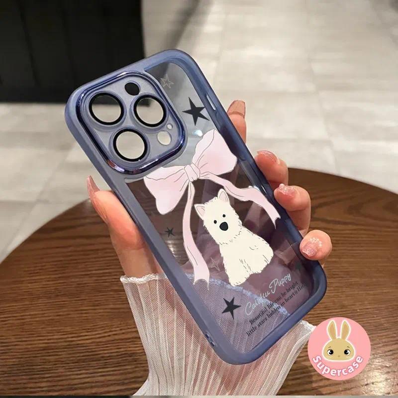 Ốp điện thoại hình chú chó nơ dễ thương Kính ống kính cho Samsung Galaxy A26 A56 A55 A54 A25 A23 M23 F23 A22 A21S A20 A20S A30 A52 A52S A50S A30 5G 4G Vỏ hoạt hình Vỏ mềm chống sốc