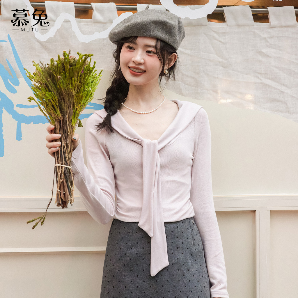Mutu Áo Thun Dài Tay Nữ Phù Hợp Mùa Đông, Cổ Chữ V Ruột Băng, Thiết Kế Slim-Fit Sang Trọng